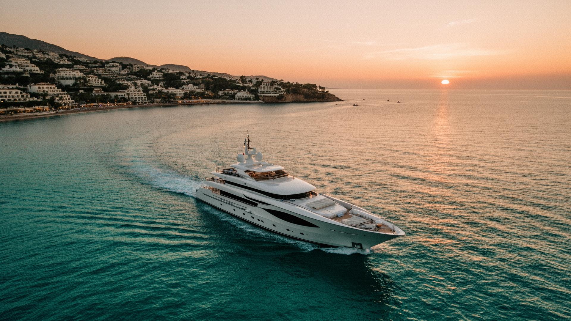 Luxury yacht at sunset off Marbella